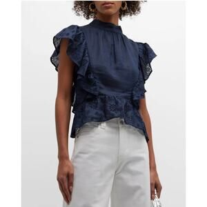FRAME Navy Eyelet Peplum Top - Size Small, (new)
